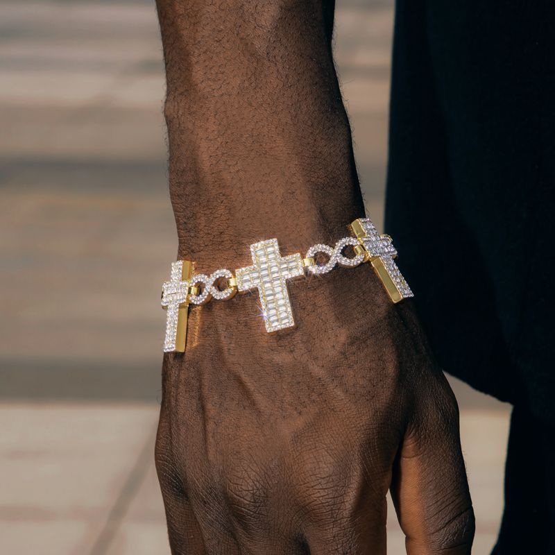 10mm Iced Baguette Cross Infinity Link Chain & Bracelet Set in Gold