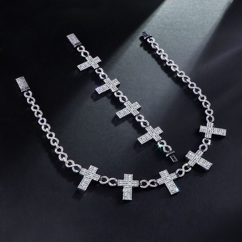 10mm Iced Baguette Cross Infinity Link Chain & Bracelet Set in White Gold