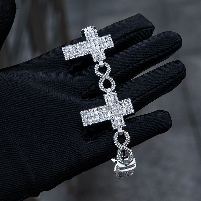 10mm Iced Baguette Cross Infinity Link Chain & Bracelet Set in White Gold