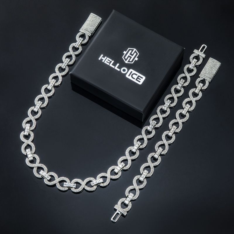 16mm Iced Infinity Link Chain & Bracelet Set in White Gold