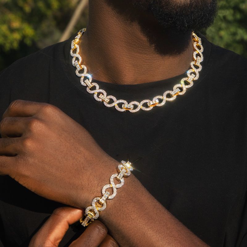 16mm Iced Infinity Link Chain & Bracelet Set in Gold