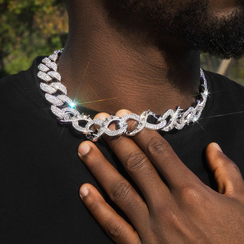 20mm Spiked Infinity Cuban Link Chain & Bracelet Set in White Gold