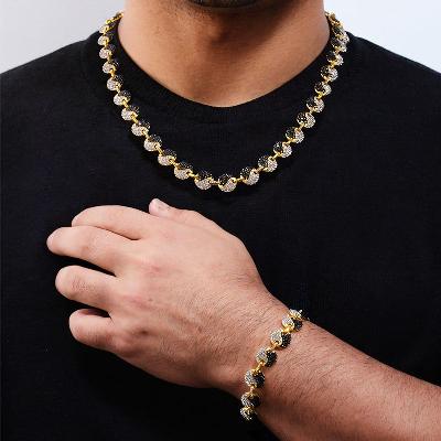 12mm Iced Yin Yang Link Chain & Bracelet Set in Gold