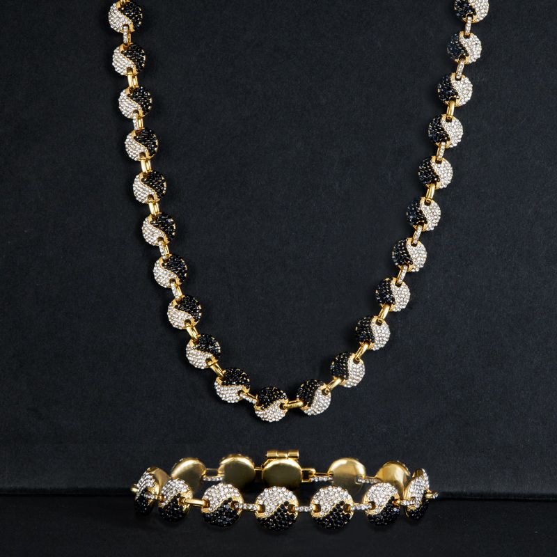 12mm Iced Yin Yang Link Chain & Bracelet Set in Gold