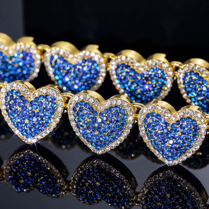 15mm Clustered Sapphire Heart Link Chain & Bracelet Set in Gold