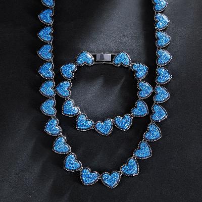 15mm Clustered Sapphire Heart Link Chain & Bracelet Set in Black Gold