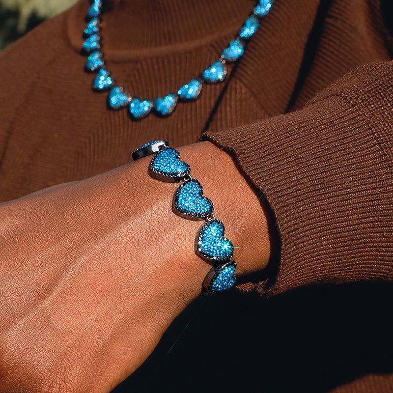 15mm Clustered Sapphire Heart Link Chain & Bracelet Set in Black Gold