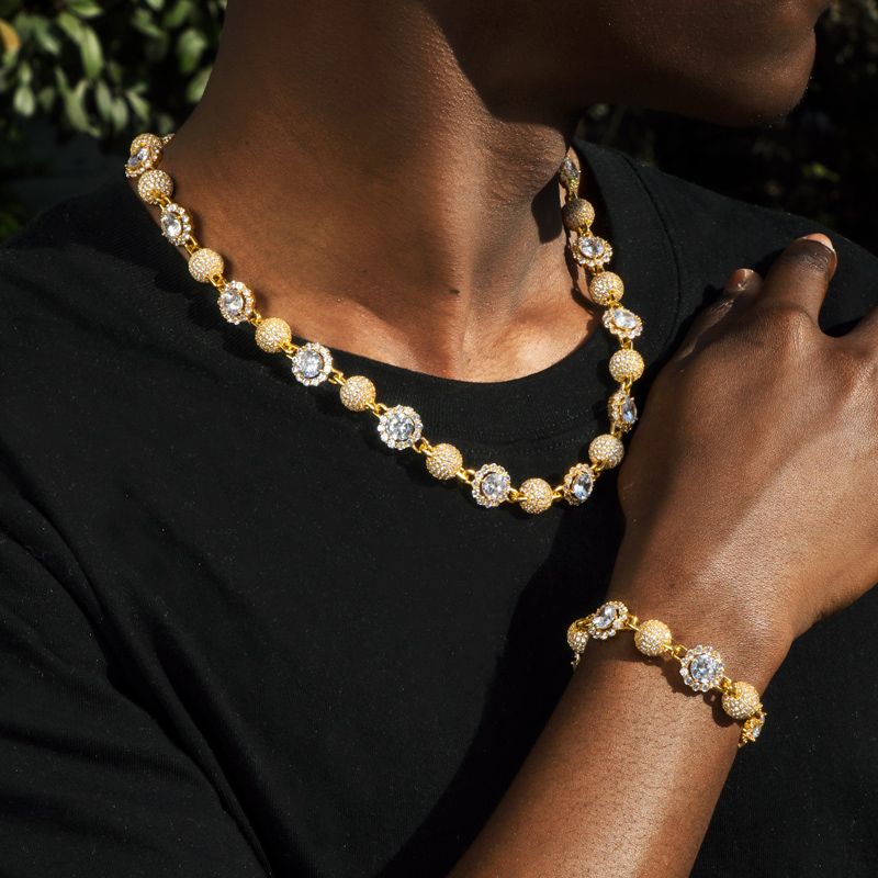 12mm Iced Ball & Halo Diamond Link Chain & Bracelet Set in Gold