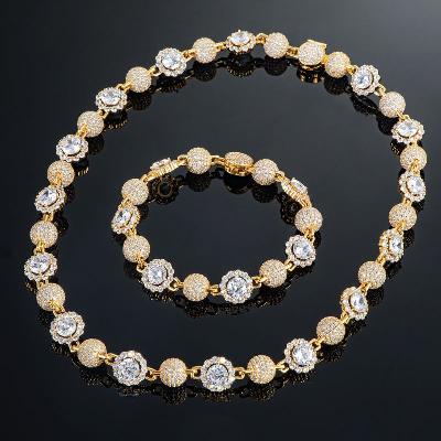 12mm Iced Ball & Halo Diamond Link Chain & Bracelet Set in Gold