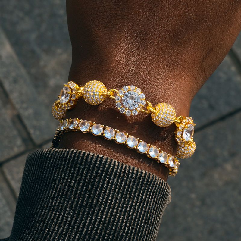 12mm Iced Ball & Halo Diamond Link Chain & Bracelet Set in Gold