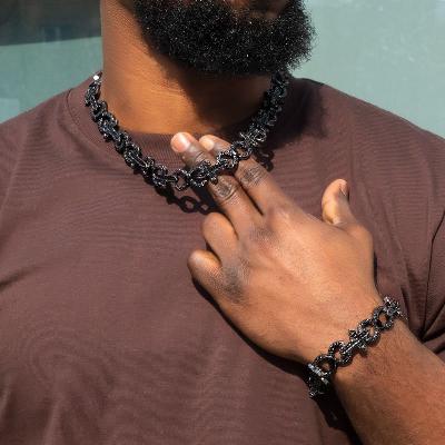 Baguette Cut Cross with Infinity Link Chain & Bracelet Set in Black Gold
