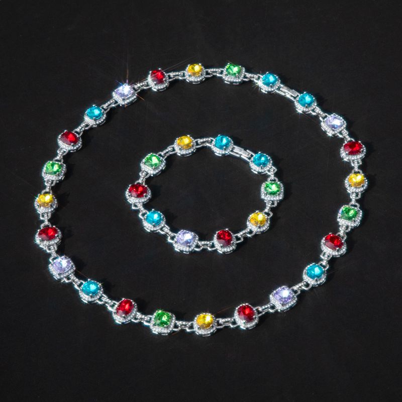 8.5mm Multi-color Diamonds Chain & Bracelet Set in White Gold