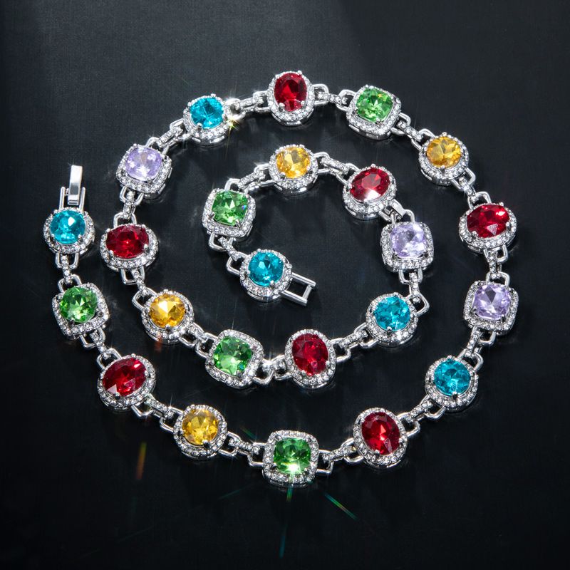 8.5mm Multi-color Diamonds Chain & Bracelet Set in White Gold