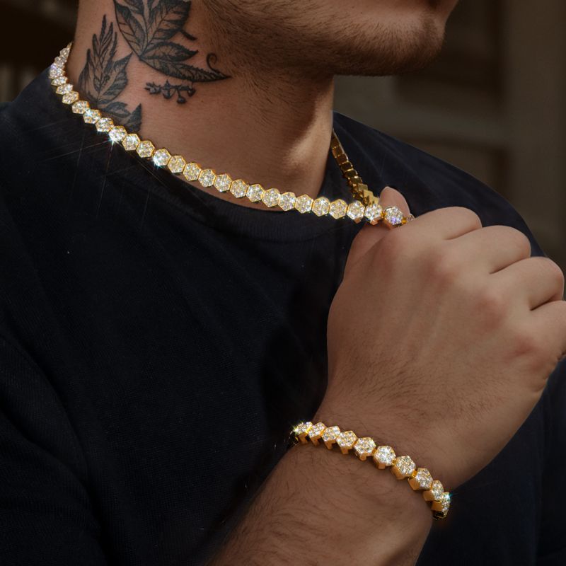 8mm Hexagon Tennis Chain & Bracelet Set in Gold