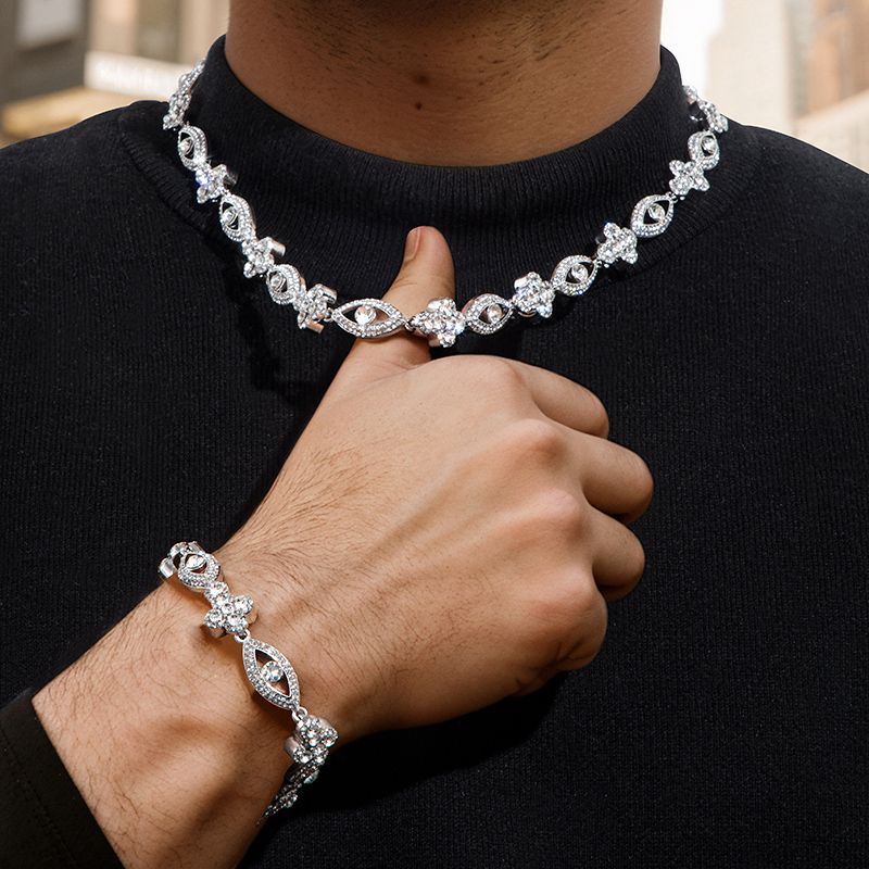 Round Diamonds Cross with Evil Eyes Chain & Bracelet Set in White Gold