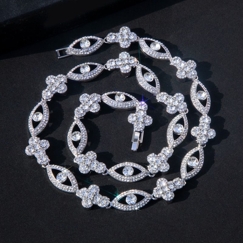 Round Diamonds Cross with Evil Eyes Chain & Bracelet Set in White Gold