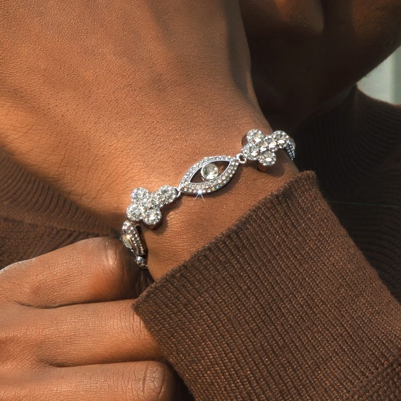 Round Diamonds Cross with Evil Eyes Chain & Bracelet Set in White Gold