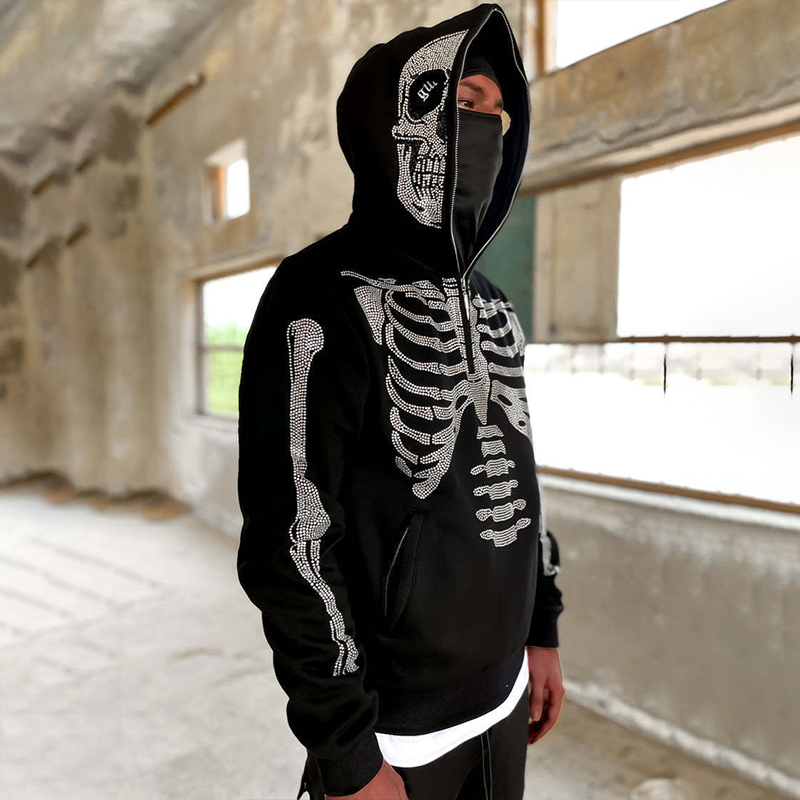 Y2K Loose Skull Hot Diamond Print Hooded Sweatshirt