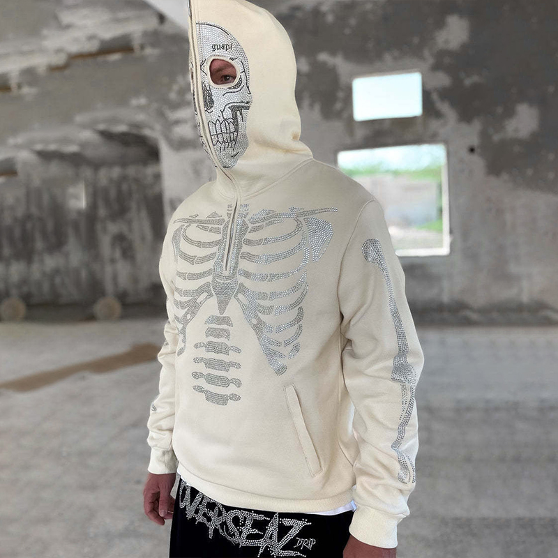 Y2K Loose Skull Hot Diamond Print Hooded Sweatshirt