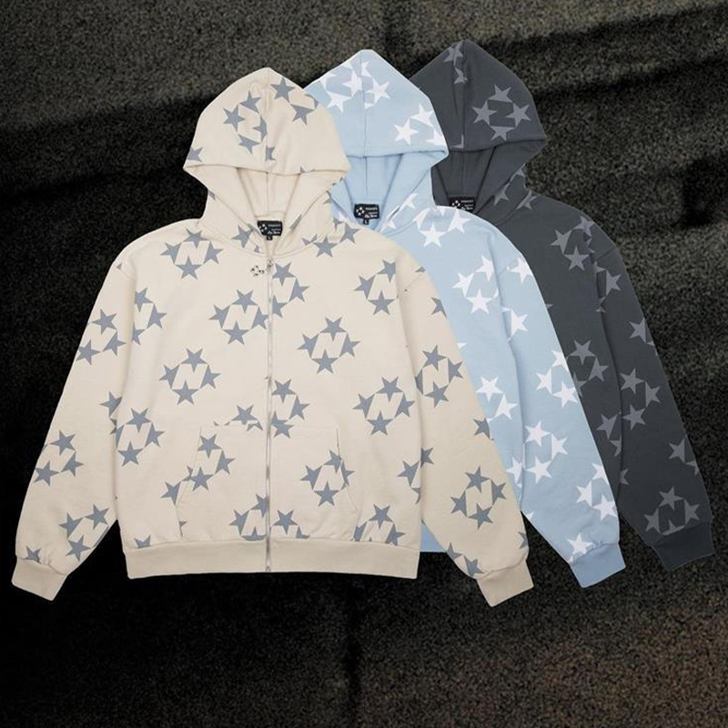 Star Print Loose Zip Hoodie