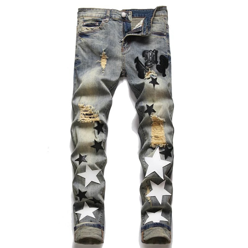 Pentacle Design Ripped Slim-Fit Jeans