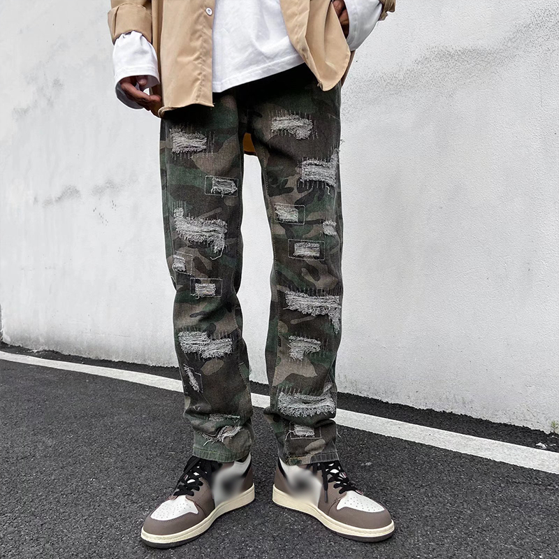 Camo Casual Ripped Straight Jeans