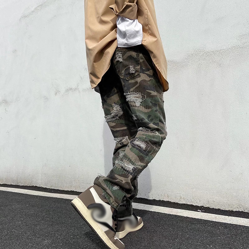 Camo Casual Ripped Straight Jeans