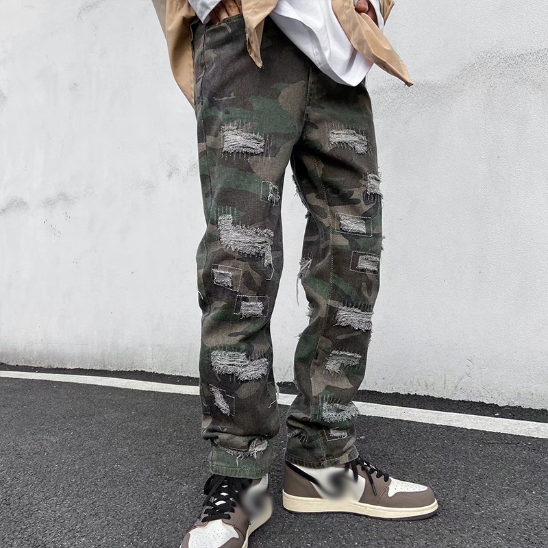Camo Casual Ripped Straight Jeans