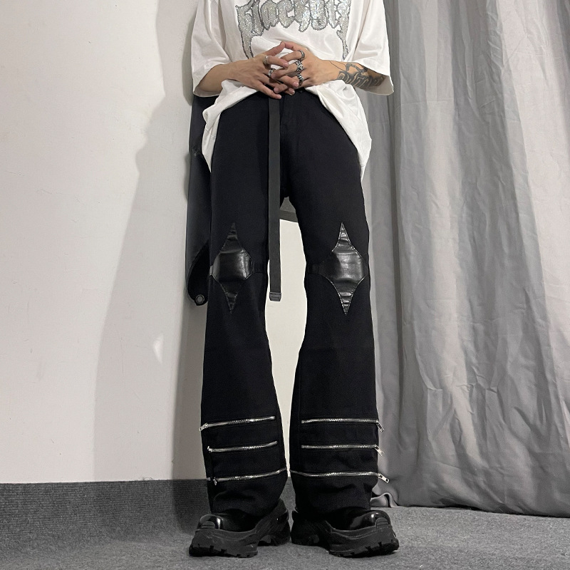 Retro Zipper Stitching PU Leather Design Jeans