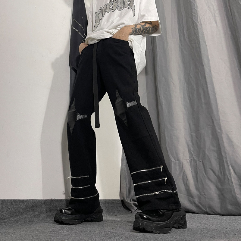 Retro Zipper Stitching PU Leather Design Jeans