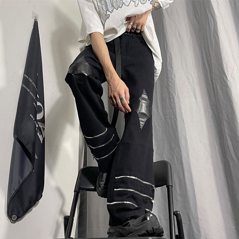 Retro Zipper Stitching PU Leather Design Jeans