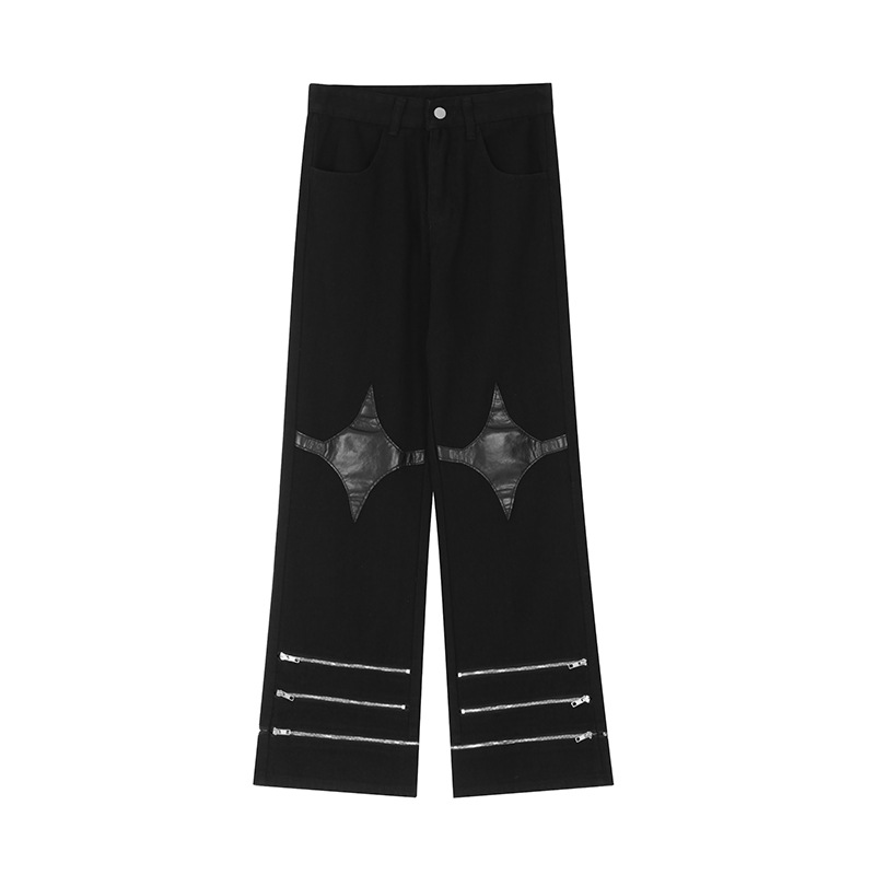 Retro Zipper Stitching PU Leather Design Jeans