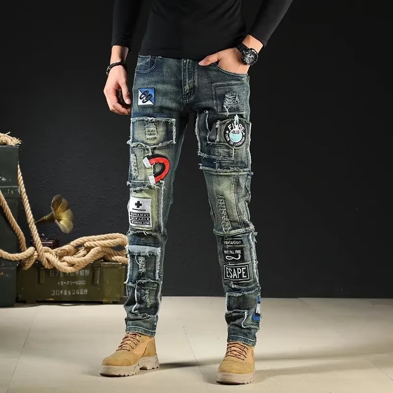 Vintage Slim Ripped Embroidered Jeans