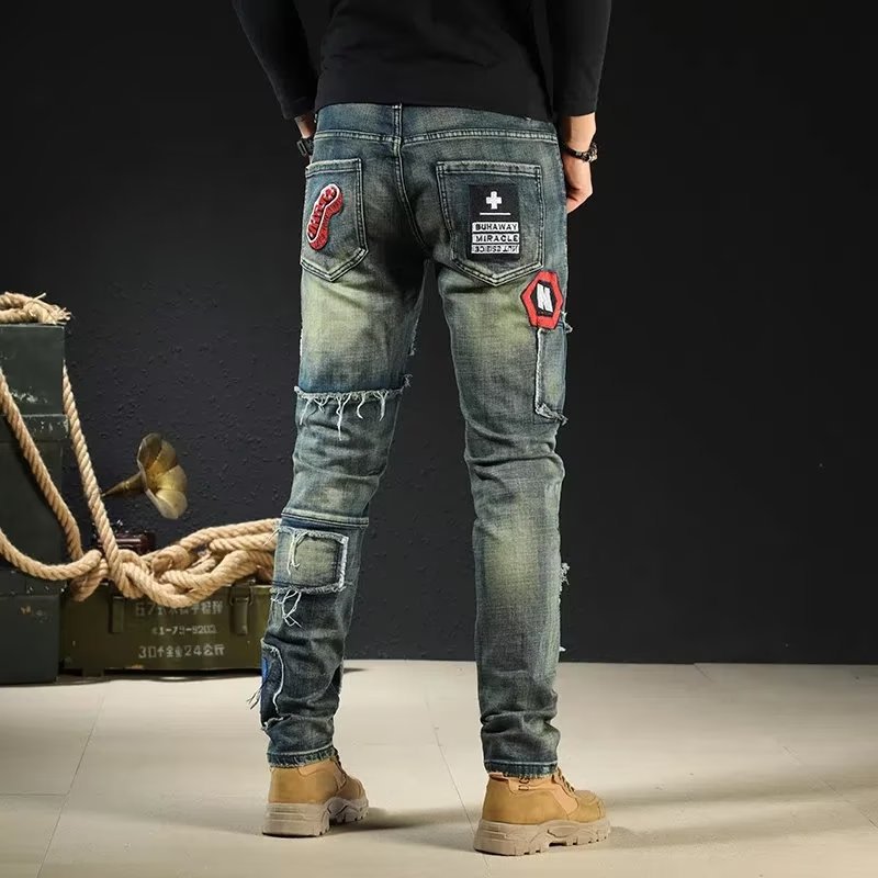 Vintage Slim Ripped Embroidered Jeans