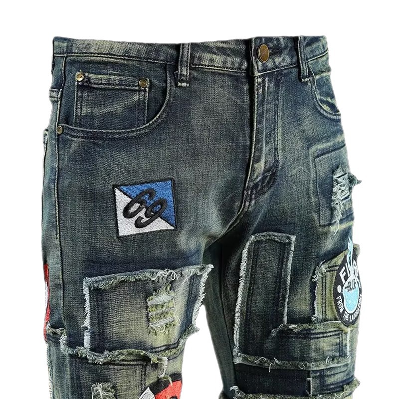 Vintage Slim Ripped Embroidered Jeans