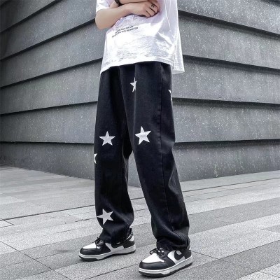 Washed Distressed Five-pointed Star Stitching Contrast Color Loose Jeans