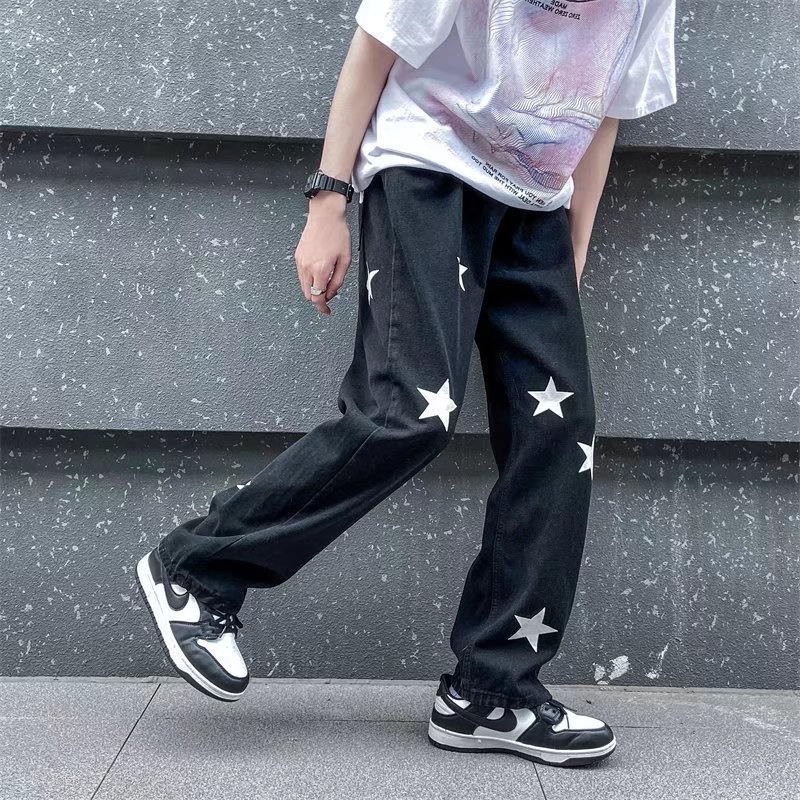 Washed Distressed Five-pointed Star Stitching Contrast Color Loose Jeans