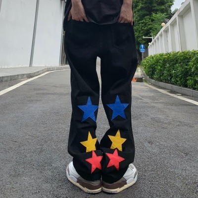 High Street Hip Hop Star Print Washed Denim Trousers