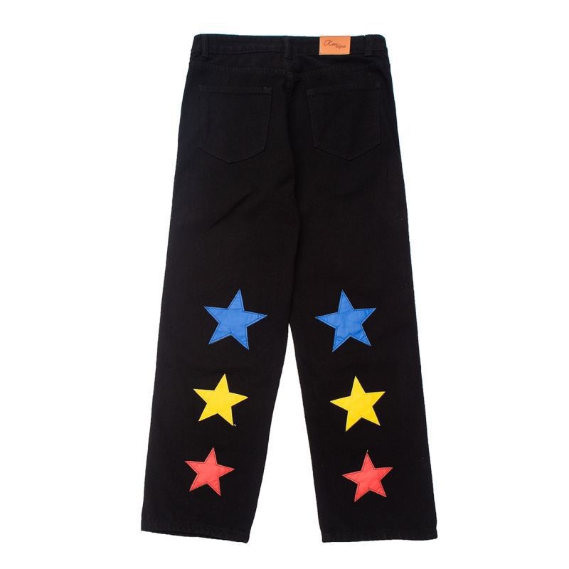 High Street Hip Hop Star Print Washed Denim Trousers