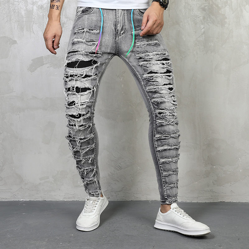 Heavy Industry Washed Elastic Patch Contrasting Color Slim Jeans