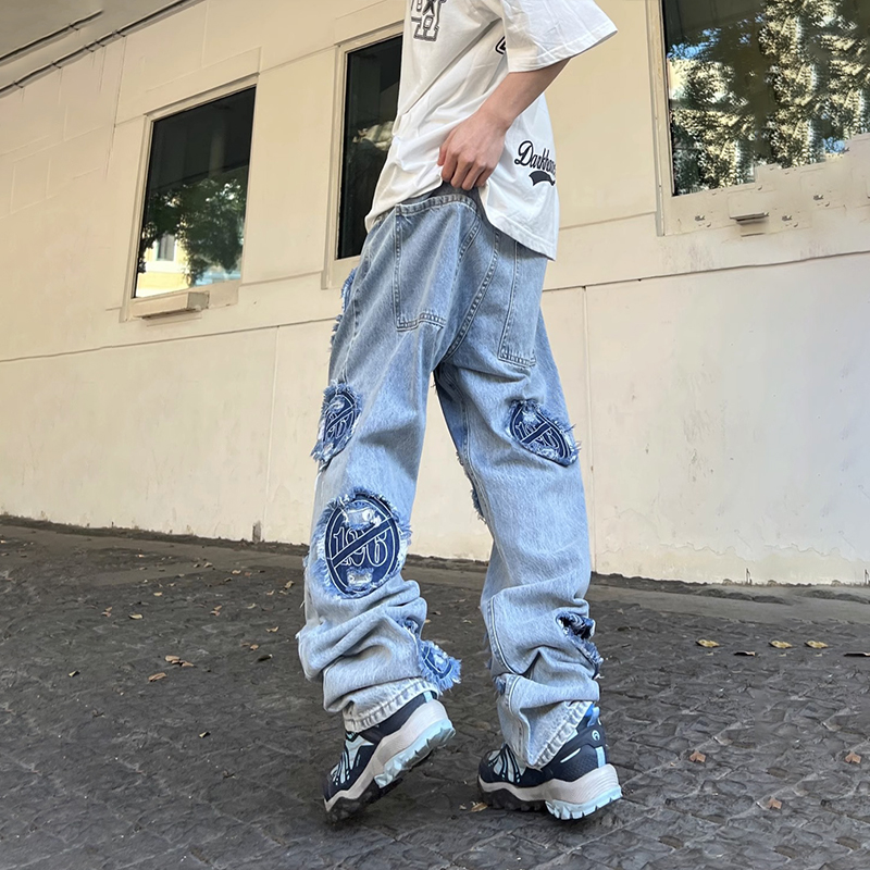 Stacked Distressed Vintage Wash Embroidered Patch Jeans