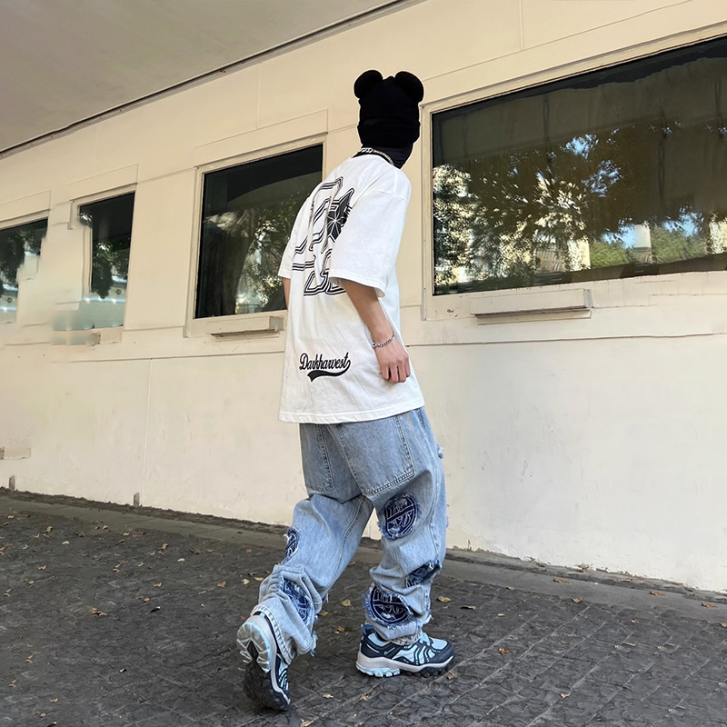 Stacked Distressed Vintage Wash Embroidered Patch Jeans