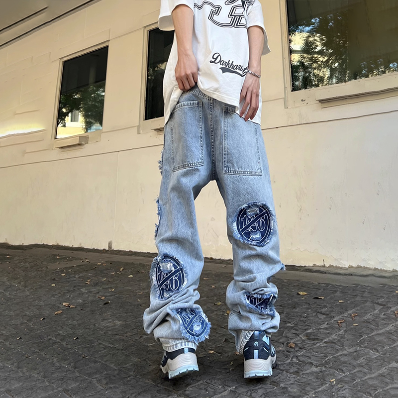 Stacked Distressed Vintage Wash Embroidered Patch Jeans