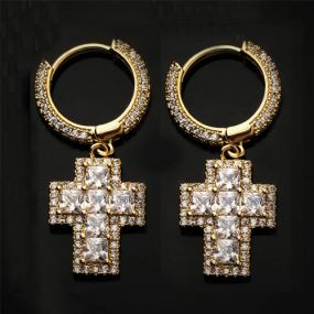 Gold Princess Cut Cross Earrings