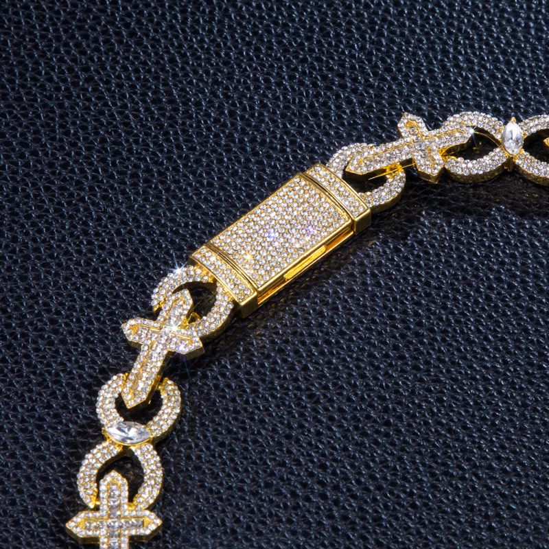 Baguette Cut Cross with Infinity Link Chain in Gold