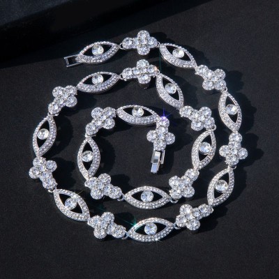 Round Diamonds Cross with Evil Eyes Chain in White Gold
