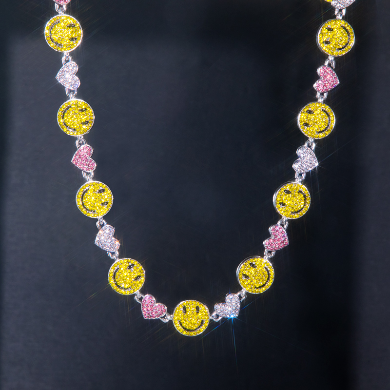 20'' Smile Face & Heart Link Chain in White Gold