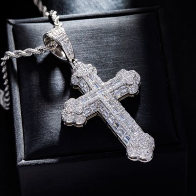 Micro Pave Baguette Cross Pendant in White Gold