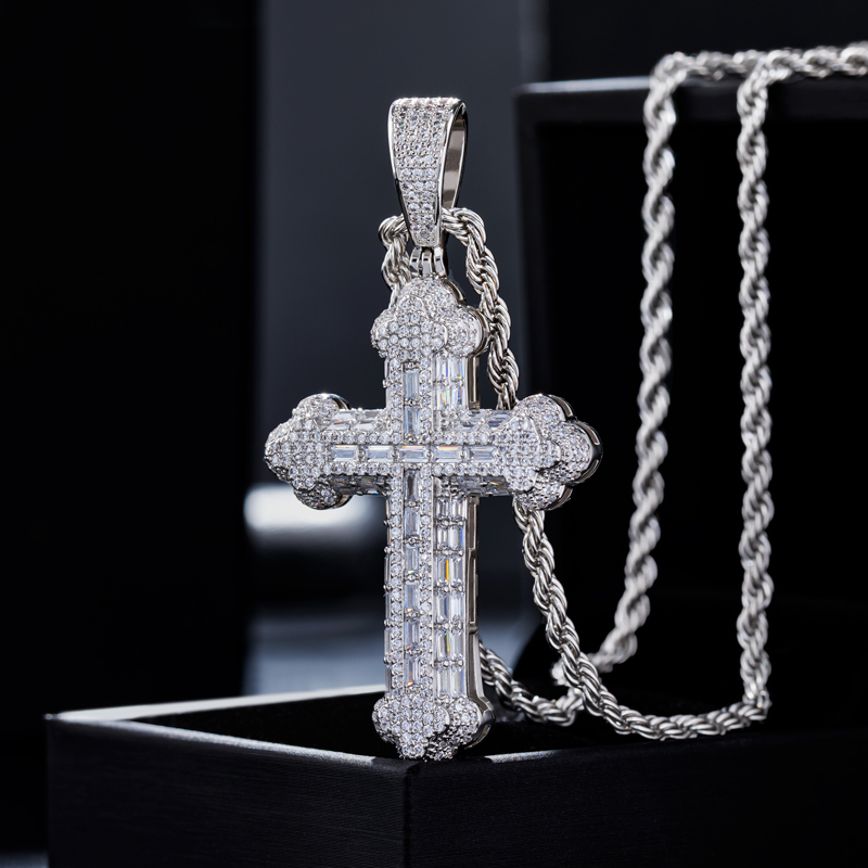Micro Pave Baguette Cross Pendant in White Gold