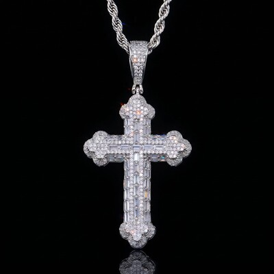 Micro Pave Baguette Cross Pendant in White Gold